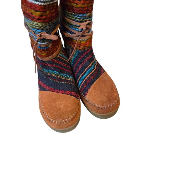 Toms nepal mid calf leather suede boots faux fur lined Aztec western brown 7.5 - Picture 2 of 8